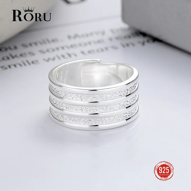 

S925 Sterling Silver Europe and America Cross Border Cold Style Wide Frosted Three-Layer Twin Style Geometric Open Ring