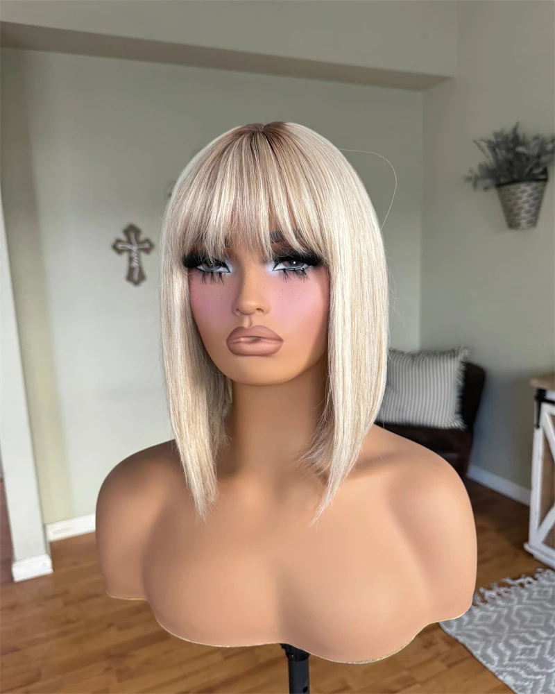 Synthetic Human Hair Wig Futura Short Bob Wig Ombre Blonde Highlights Ash Colored Lace Frontal Wig synthetic Mixed with 5% Human Hair Short Women