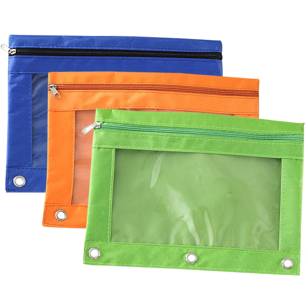 

3 Pcs Three Hole Pencil Case Pouch for Binder Clips Zipper Blinder Pockets Cards Holder Ring Bills Pouches
