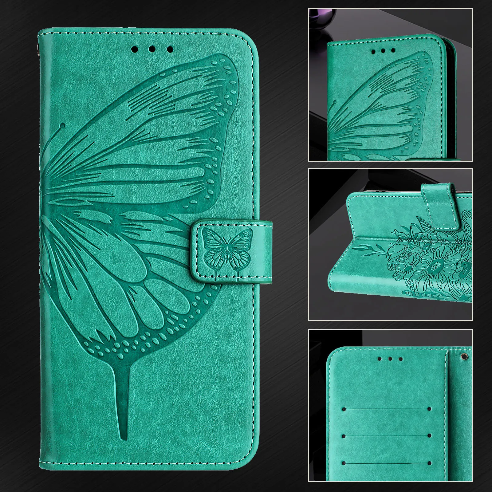 Butterfly Wing Pattern Lanyard Leather Flip Wallet Book Cover Case