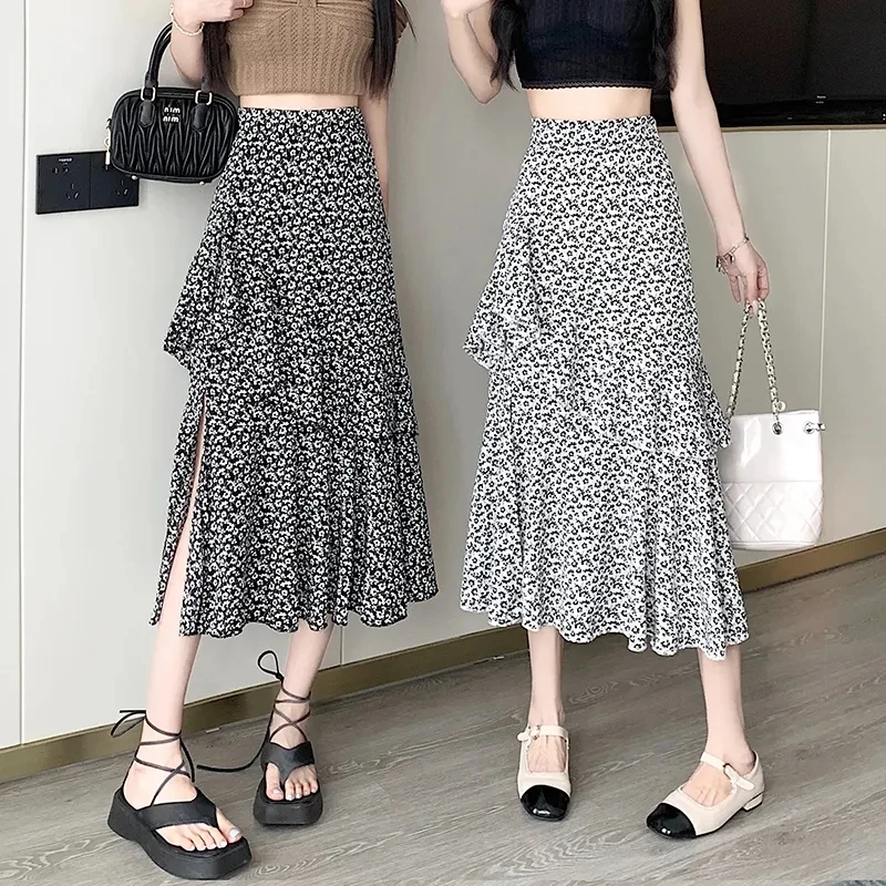

2024 New Spring Autumn High Waist Ruffle Edge Floral Irregular Slit Skirt Women's Clothes Elegant Slim Split A-line Skirts BC456