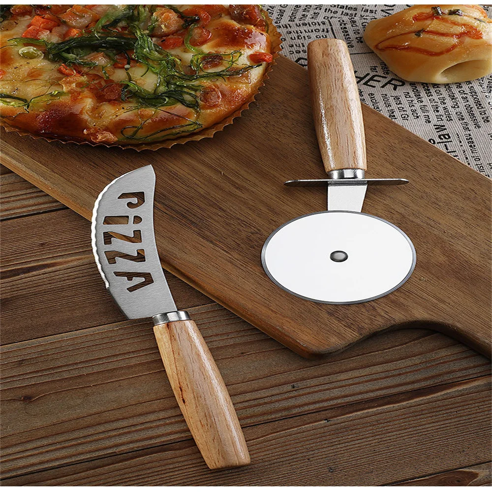 Safe Stainless Steel Pizza Single Roller Knife with Oak Handle,Circular Pancake Cutting Tool, Pizza Wheel Knife Set, Baking Tool