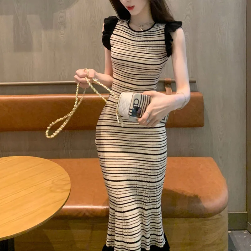 

Summer New Women's Small Fragrant Style High End French Dress Women O-Neck Panelled Patchwork Striped Fashion Sleeveless Dresses