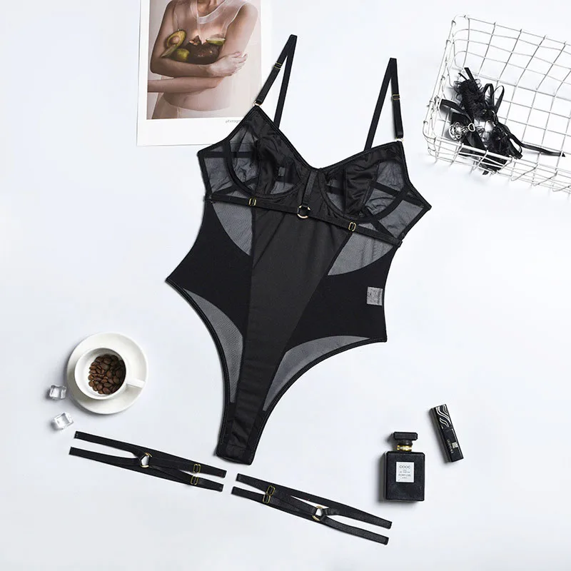 Erotic Lingerie Mesh Lace Backless Suspender Sexy Metal Leg Ring One-piece Underwear for Women Transparent Lingerie BODYSUIT sexy lingerie