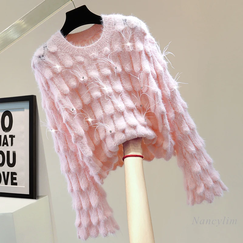 

Feather Stitching Diamond Mohair Knitwear Sweater Woman Autumn and Winter Korean Style High Waist Short Sweater Casual Pullovers