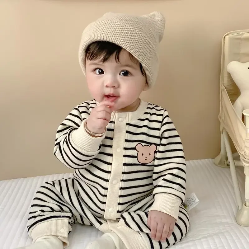 

0-18M Rompers for baby Clothes 100% cotton winter baby girls boys clothes pinstripe Bodysuit& one piece bear logo outfit fashion