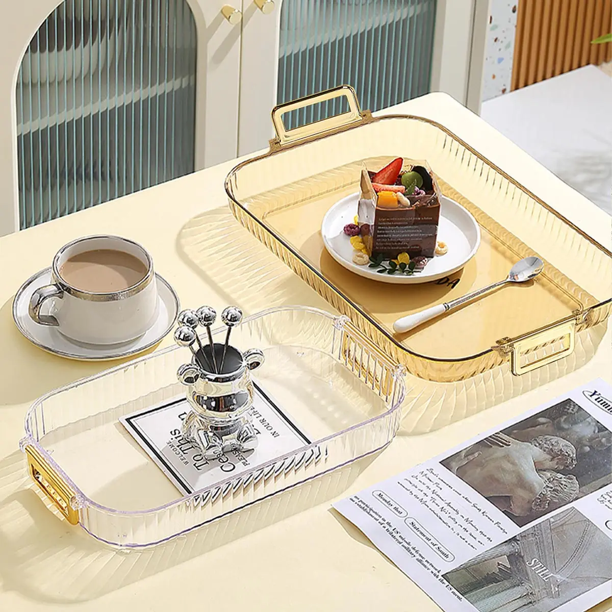 Rectangular Storage Tray With Handle Plastic Serving Tray Living Room Transparent Teapot Teacup Storage Plate