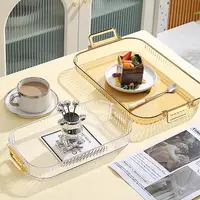 WORTHBUY Rectangular Storage Tray With Handle Plastic Serving Tray Living Room Transparent Teapot Teacup Storage Plate 2