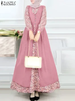 ZANZEA Women Bohemian Muslim Dresses Autumn Long Sleeve Patchwork Sundress Casual Abaya Hijab Dress Ramadan Islamic Clothing