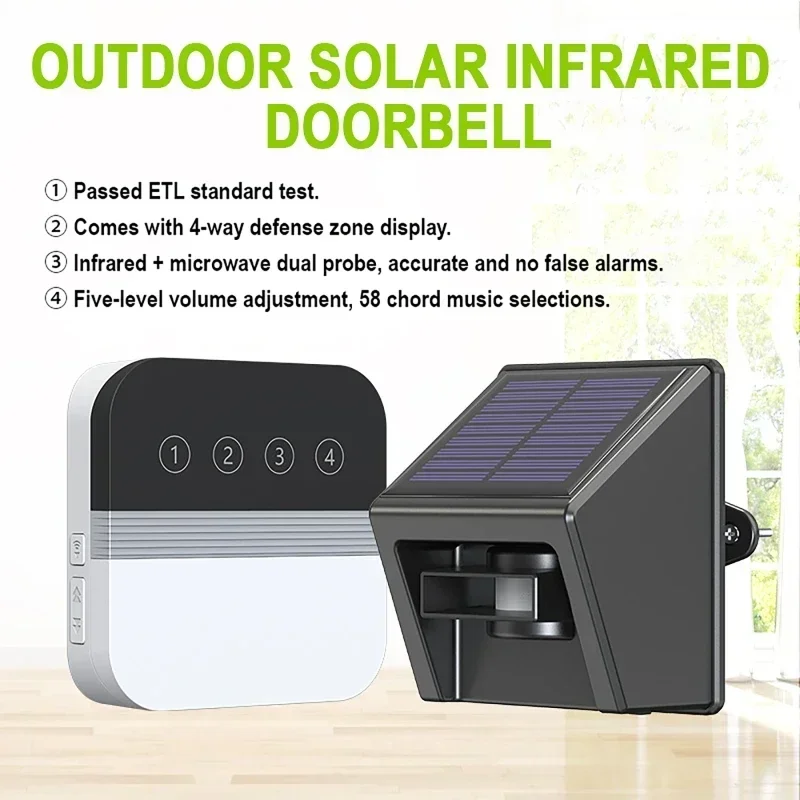 Solar Driveway Alarm Infrared Detection Wireless Doorbell 4 Way Induction Area Display Doorbell Alarm Systems Security Home