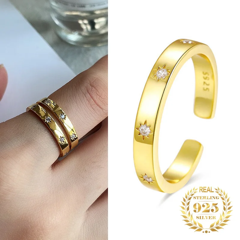 

2023 Fashion Size Adjustable Women Rings 925 Sterling Silver Dainty Zirconia Sparkles Stars Rings Women Fine Jewelry