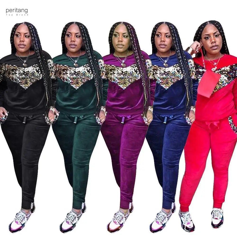 

Женский спортивный костюм из двух предметов, топ и брюки с капюшоном, модный костюм с большими блестками для бега, комплект из двух предметов, спортивные костюмы