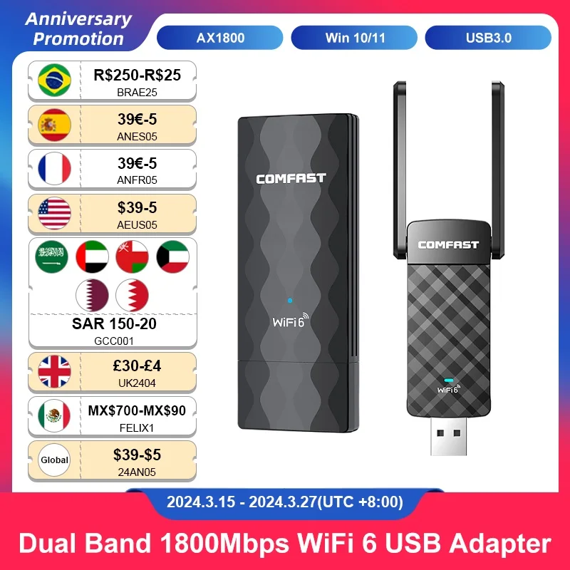 CF-951AX WiFi 6 USB адаптер 1800 Мбит/с высокоскоростная USB3.0 беспроводная сетевая карта Поддержка OFDMA WPA3 для настольного ноутбука Win10/11