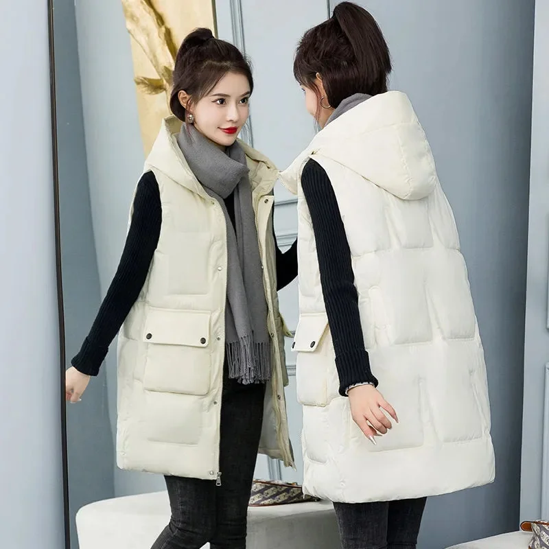 2023 New Women Coat Winter Jacket Warm Vest Thicken Hooded Long Coat Casual Waistcoat Cotton Padded Parkas Female Jackets