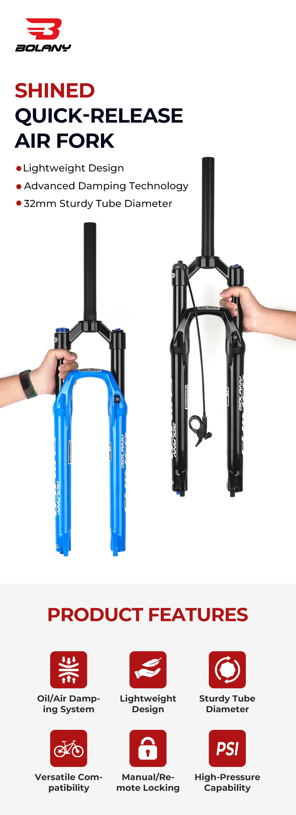 BOLANY Fahrrad-Luftgabel, 26/27,5/29 Zoll, gerades Rohr, Federgabel, Rebound, verstellbar, 9 x 100 mm, Schnellspanner, MTB-Gabel – Detail 1