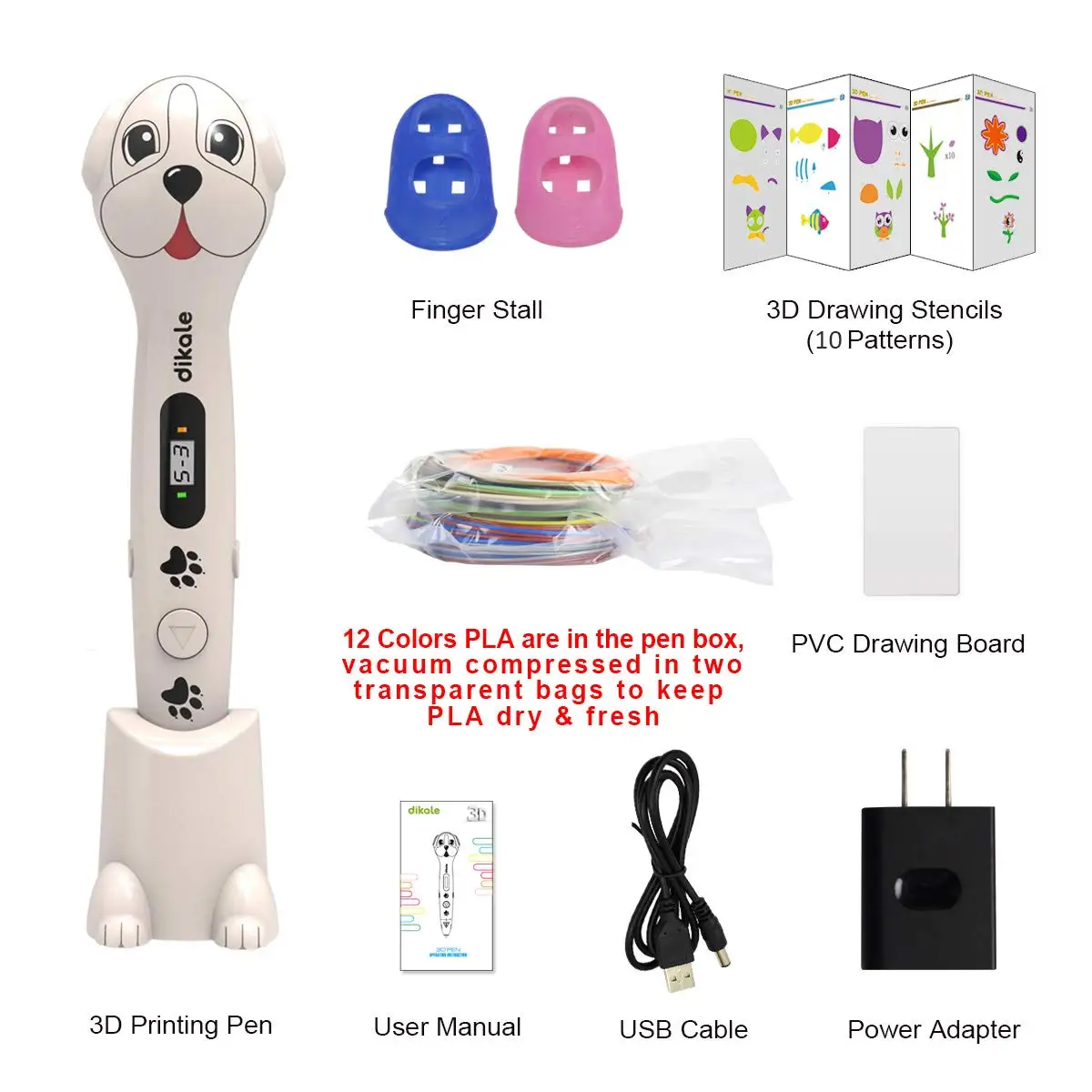 3D Printing Pen, Cute Dog OLED Screen 3D Pen, Printer Pencil with free 3M * 12Colors PLA Filament, DIY Hobbies Toy