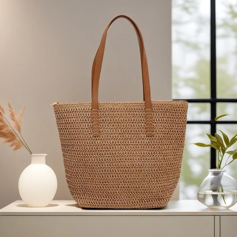 Modna i uniwersalna damska torba tkana z zamkiem błyskawicznym do podróży, duża torba plażowa, torebka