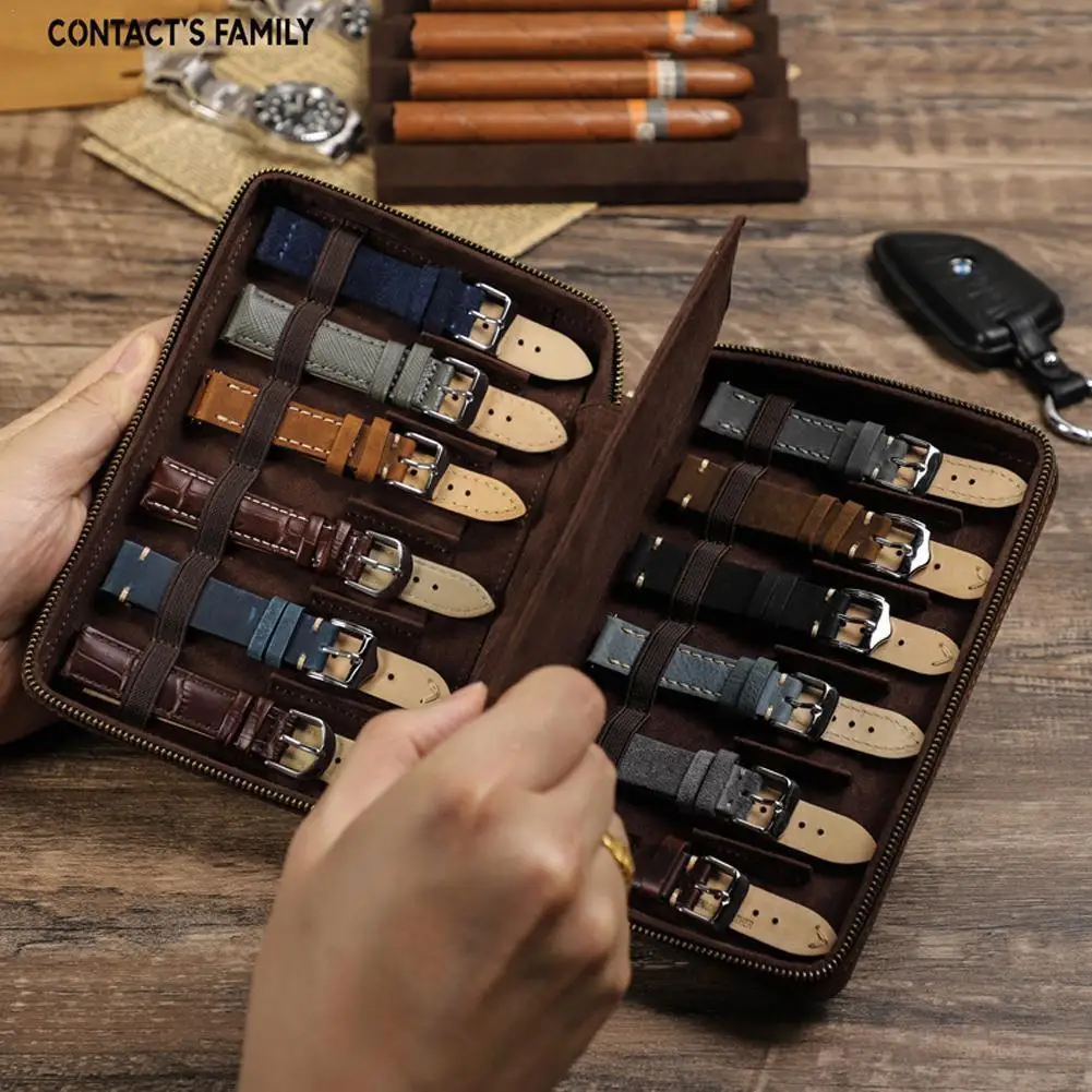 

12 Slots Crazy Horse Leather Intelligent Watch Strap Portable Bag Watch Watchband Storage Box Outdoor Bag Travel Holder Ban Q5H3