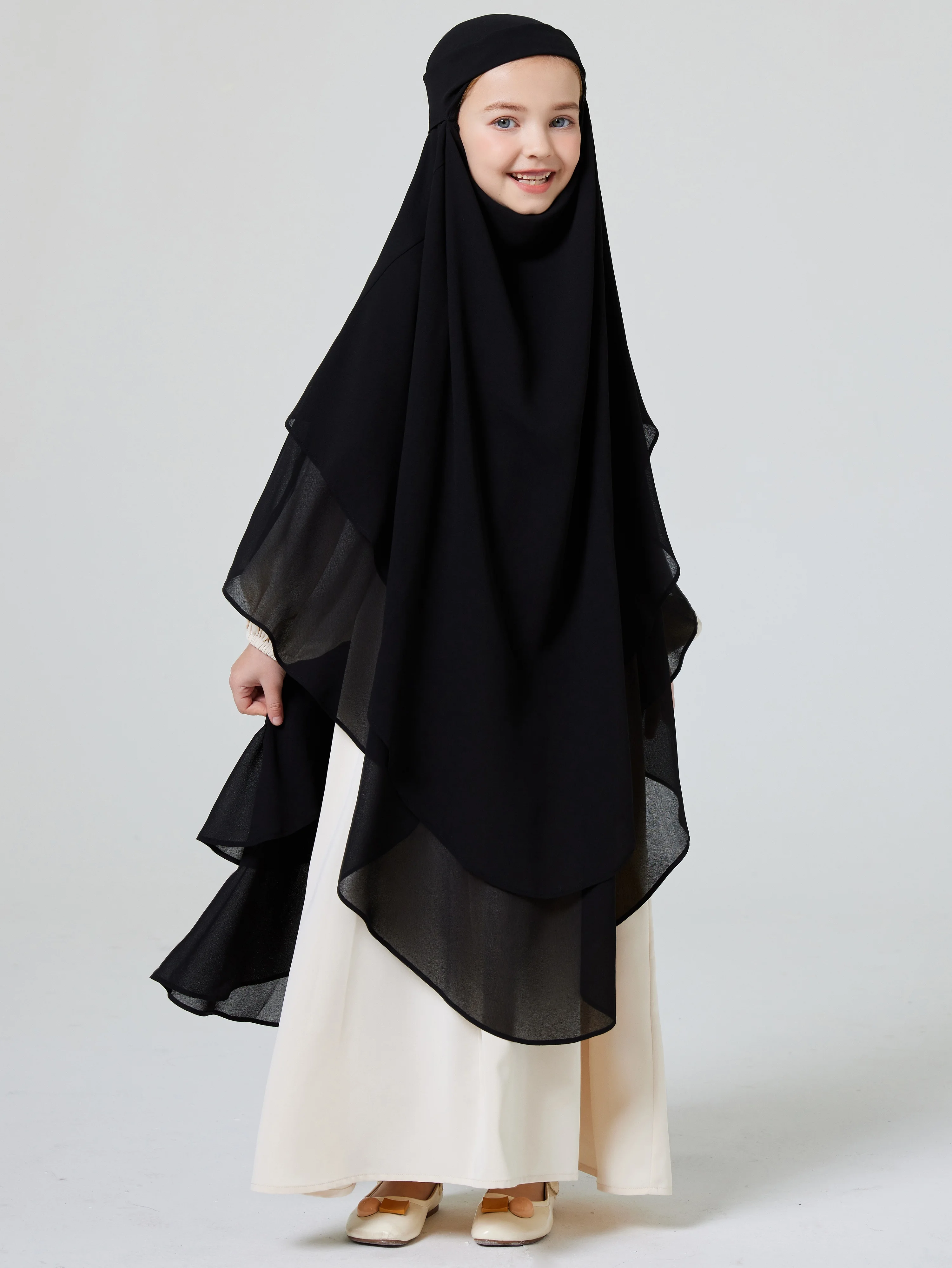 Ramadan Middle Eastern Muslim Girls Hijab Button Front and Back Double Chiffon Big Circle Swing Khimar