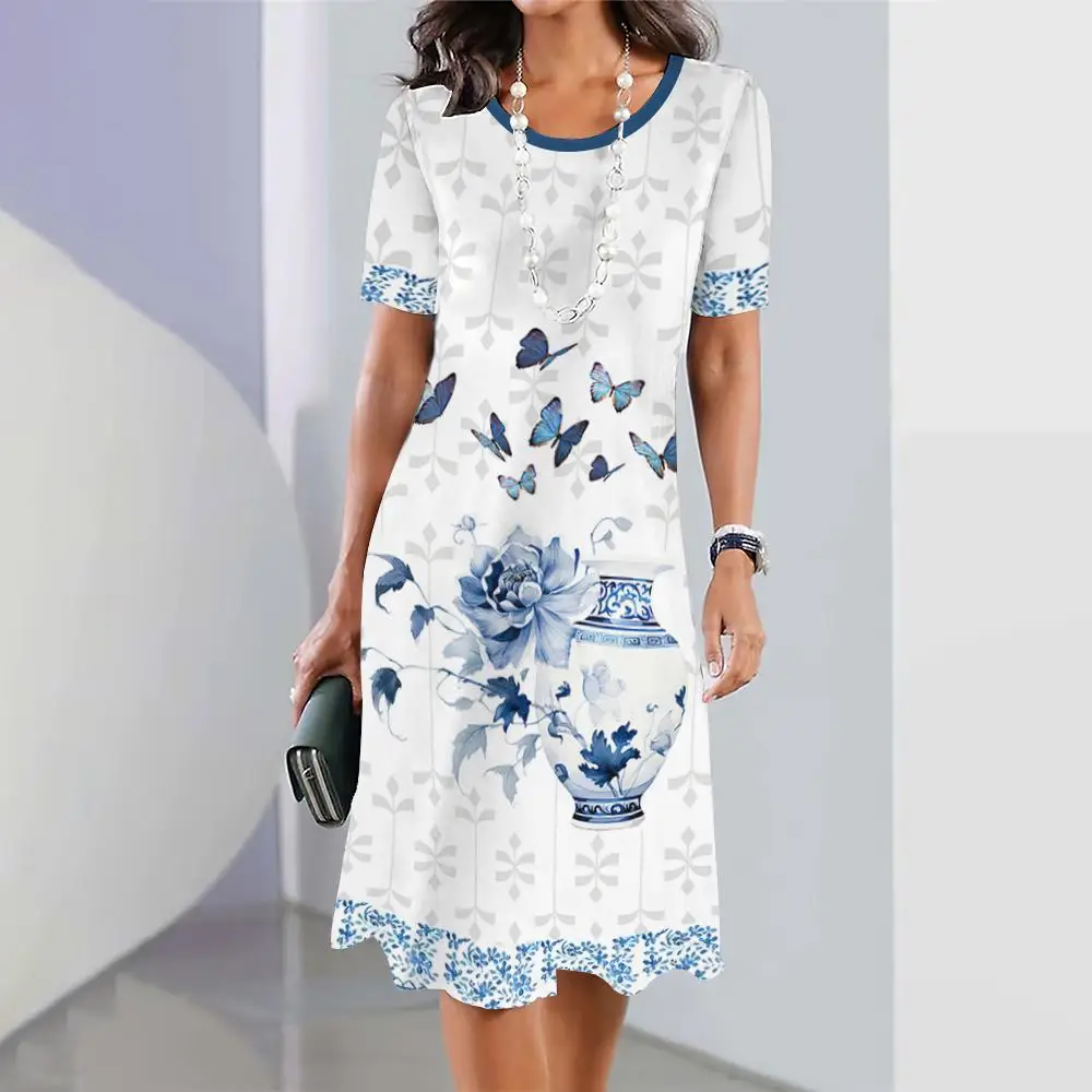 

New Porcelain & Floral Print Women's Dresses Chinese Style Plus Size Elegant Dresses 2024 Female Long Dresses Women's Clothing