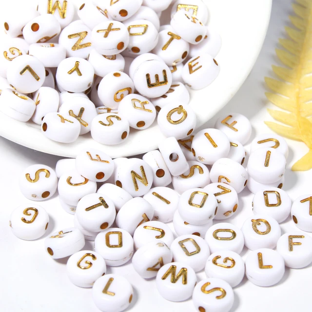 7mm alphabet beads, acrylic letters, Tan with gold letters, word beads  jewelry beads bracelet beads, letter beads bracelet making