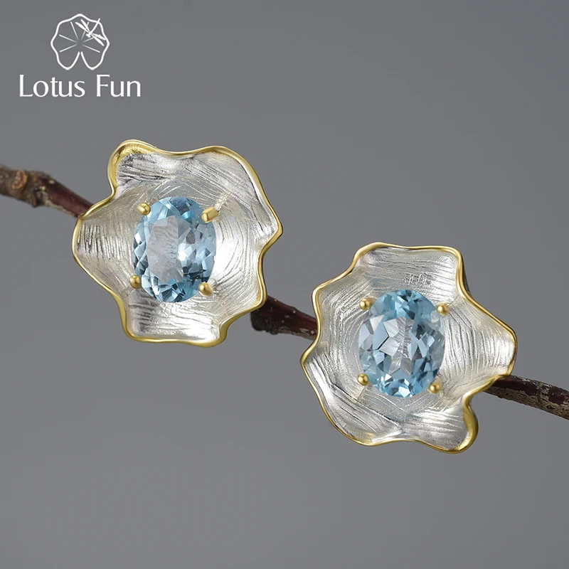 

Lotus Fun Natural Topaz Gemstone Curled Leaf Stud Earrings for Women 925 Sterling Silver Vintage Baroque Style Luxury Jewelry