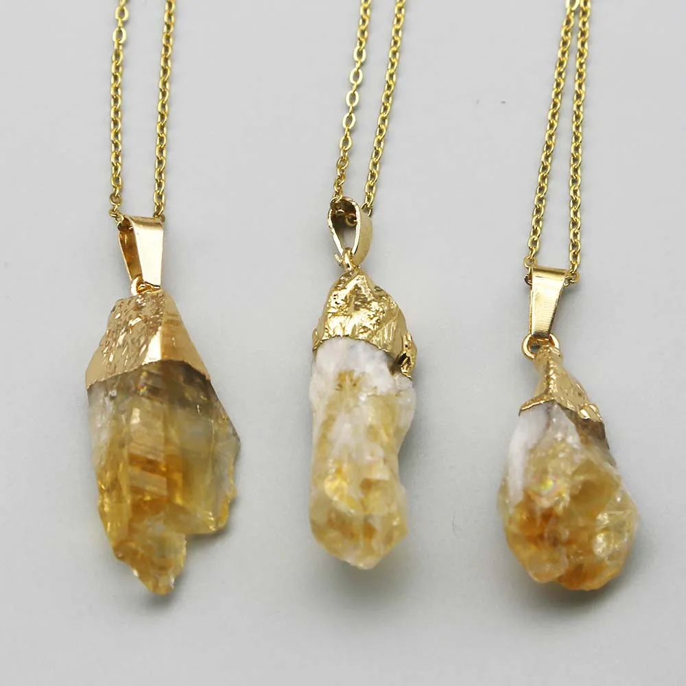 Natural Raw Ore Topaz Yellow Crystal Pendant Irregular Gold Plated Stainless Steel Chain Necklace Charm Jewelry Accessories 6Pcs