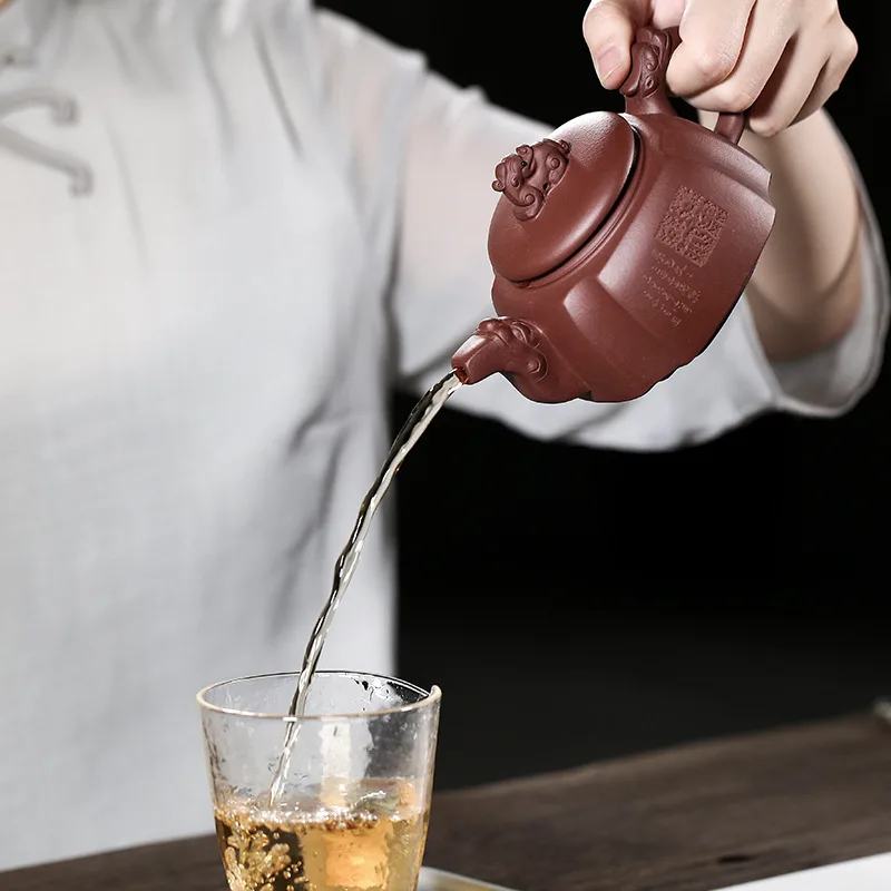 Handmade Chinese Kongfu Tea Pots, Dragon Head Four Square Tea Set , Zisha Segment Mud Flat Yixing Purply Clay Teapot, 300ml, 1Pc