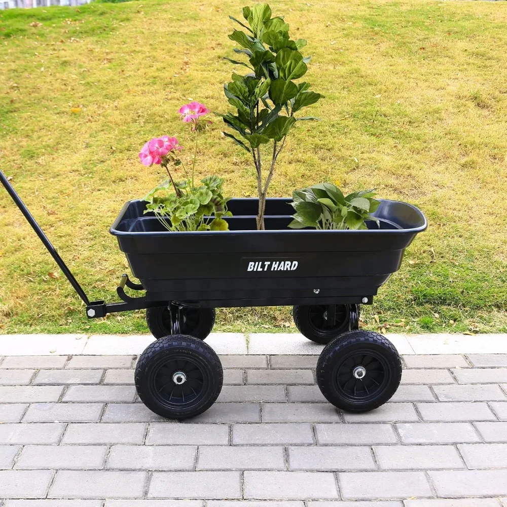 4 Cu.Ft. 10" No-Flat Tires Poly Yard Dump Cart with 180&deg; Rotating Handle, 600 lbs Capacity Heavy Duty Garden Carts and Wagons
