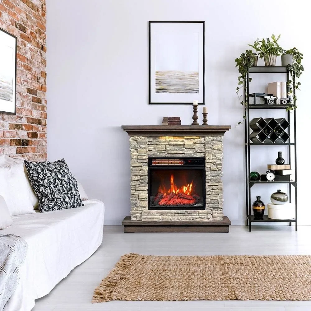 Wall Mantel Electric Fireplace with Remote Control, Smoky Gray Stone 4