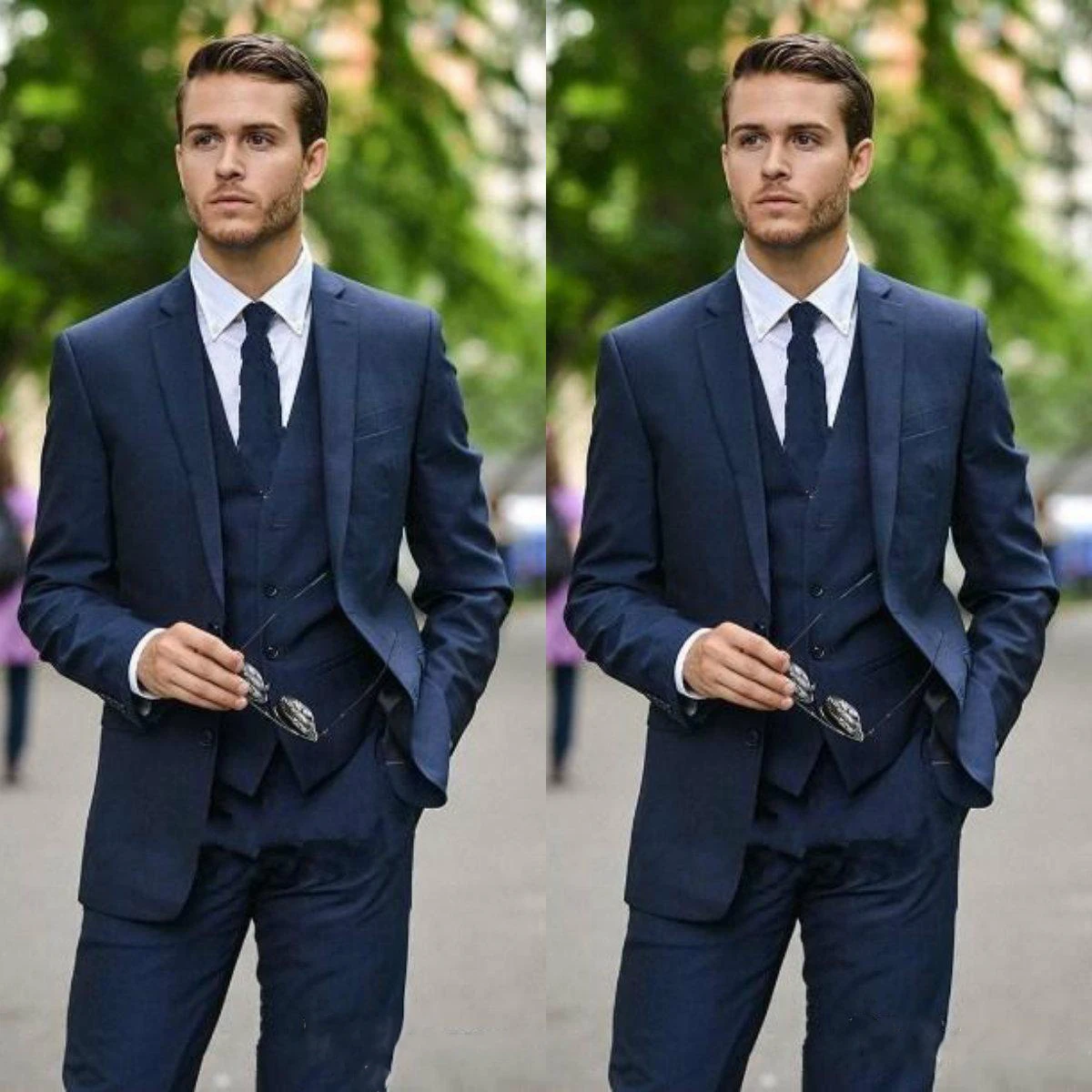 

Navy Blue Men Suits Groom Tuxedos Notch Lapel Mens Wedding Blazer Suits Custom Made 3 Pieces Suit(Jacket+Pants+Vest+Tie)