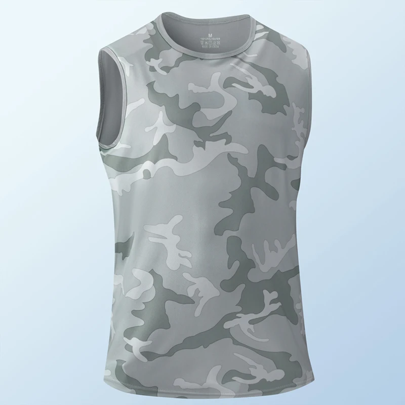 Canotta mimetica da uomo senza maniche girocollo in seta ghiaccio, gilet sportivo da uomo per tutti i giorni, fitness, moda, traspirante, t-shirt a maniche corte - immagine 5