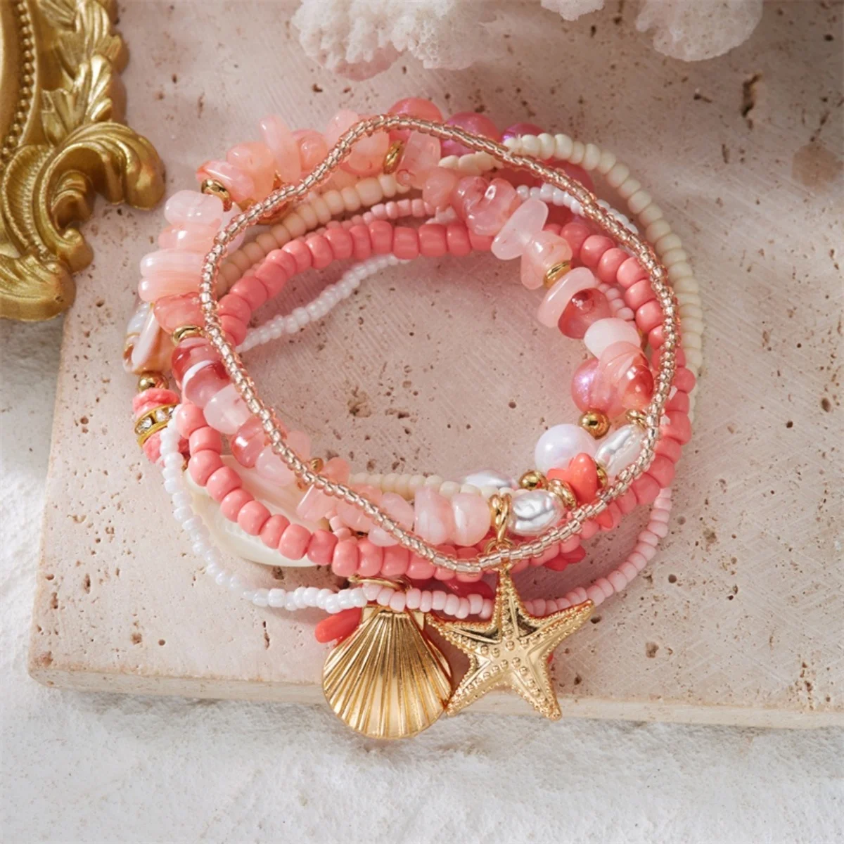 Armbänder aus Kunstharz mit Korallen, Muscheln, Seesternen, unregelmäßigen Kunstperlen für Damen und Herren, mehrlagiger Strand-Schildkröten-Armreif, Sommerschmuck – Detail 24