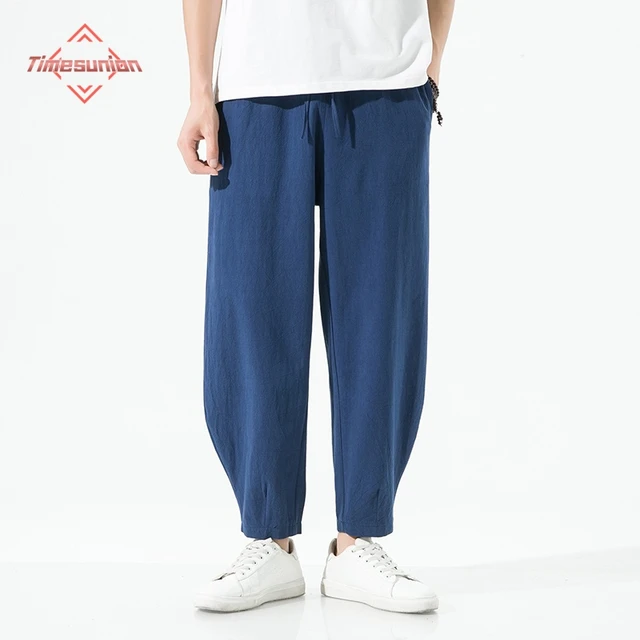 Summer Cotton And Linen Cropped Pants Men's Loose Solid Color Japanese  Style Casual Pants Drawstring Elastic Waist Trousers - Casual Pants -  AliExpress