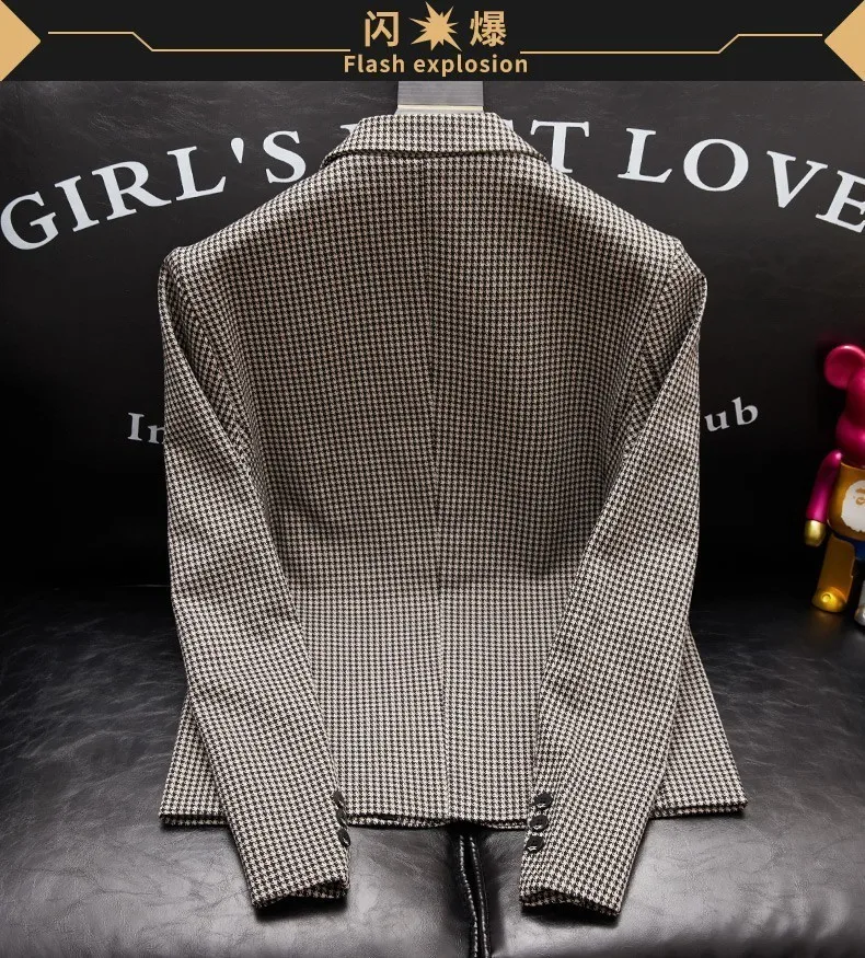 Plus-Size Herren Frühjahr neuer koreanischer Stil Slim-Fit trendige hübsche einreihige Hahnentritt-Anzugjacke – Detail 11