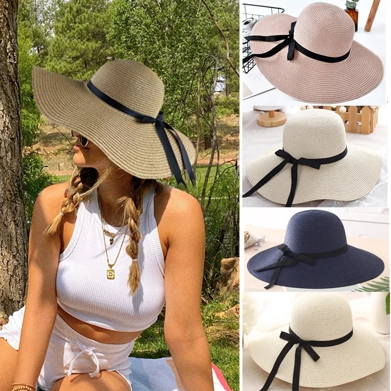 

New Simple Foldable Wide Brim Floppy Girls Straw Hat Sun Beach Women Summer UV Protect Travel Cap Lady Female