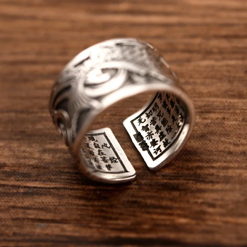 999 Pure Silver Jewelry Original Design Koi Fish Pattern Open Ring for Men Male Fashion Free Size Buddhistic Heart Sutra Rings