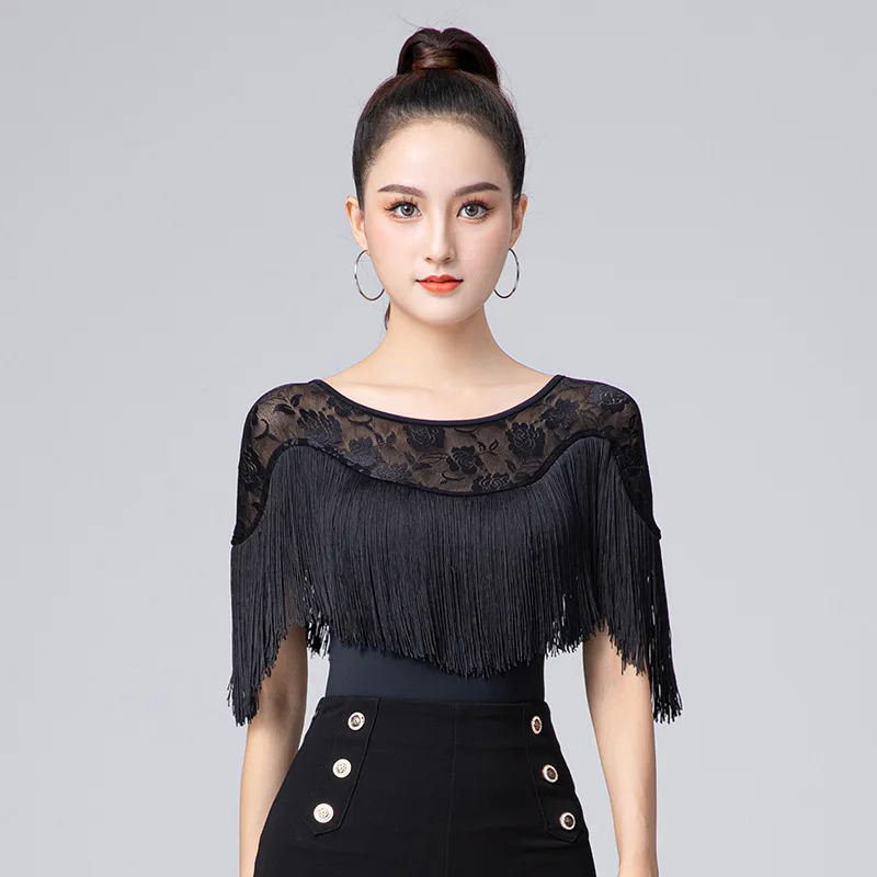 Modern Latin dance dress Ladies dancing shirt Black fringe Latin Dance tops Lace dance jumpsuit Square performance cloths dance dress,dance shirts