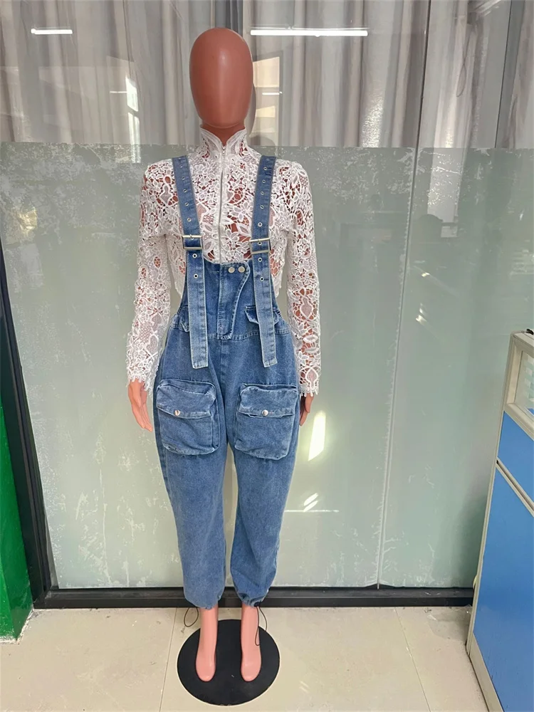 Wmstar Jumpsuit Women Denim Cargo Pants Wide Leg Pockets Casual Cool Fashion Street Wear Romper Wholesale Dropshipping New Style