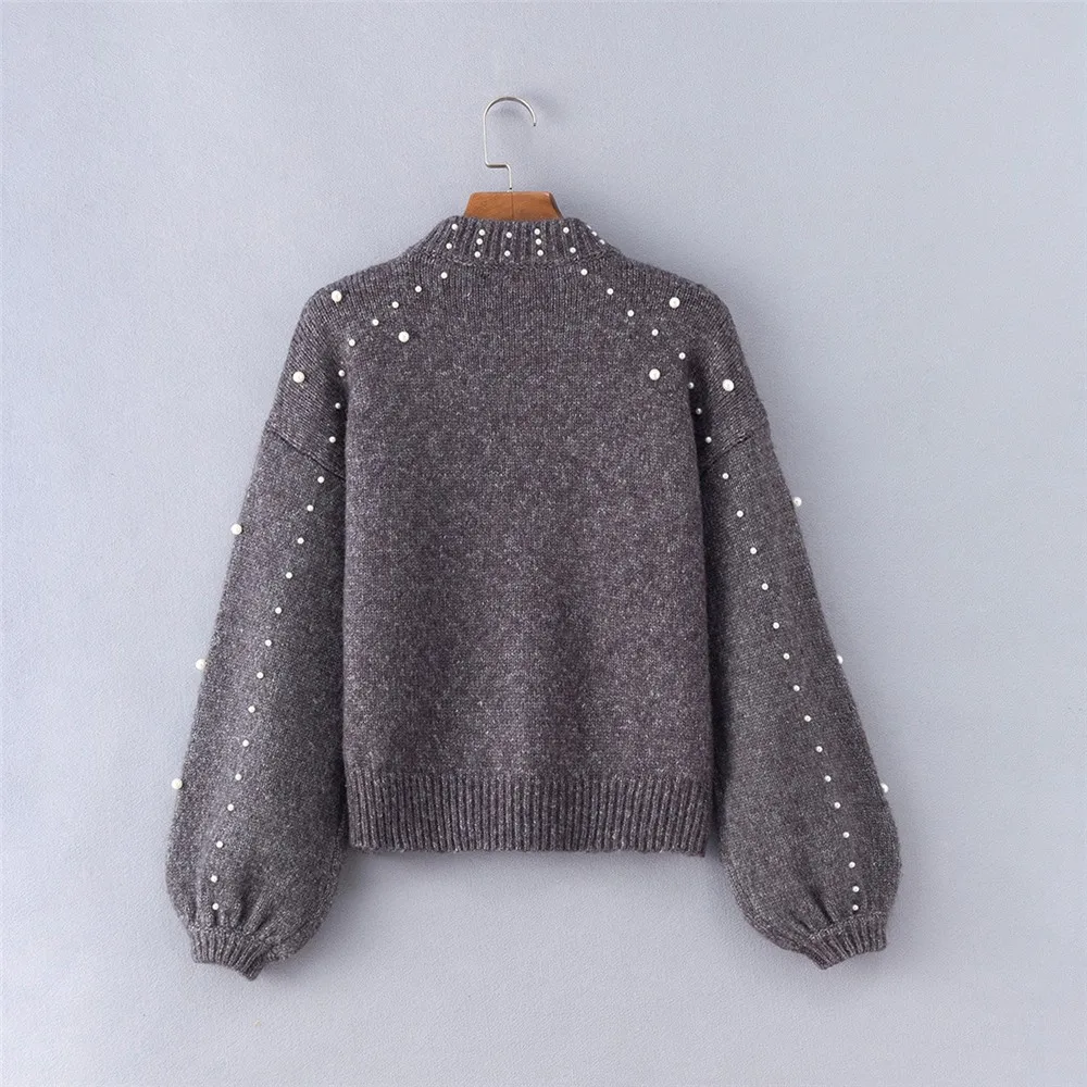 2023 Autumn Winter Women Pearl Knitted Pullover Sweaters Women Loose Casual Loose Long Sleeve Jumper Female Knitted Sweaters