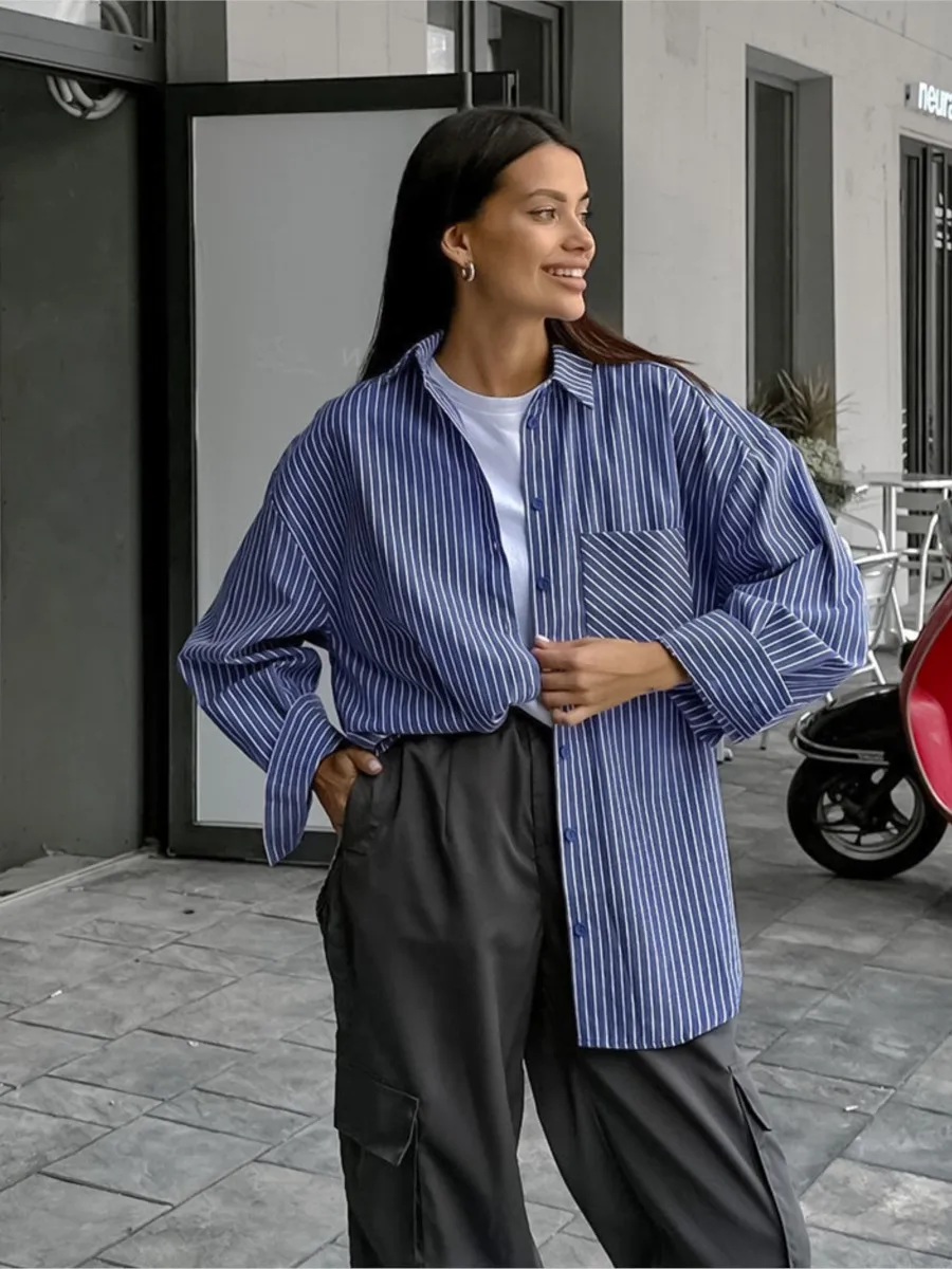 

Блузка женская в полоску с карманами, однобортная рубашка с длинным рукавом, повседневный модный топ, верхняя одежда, весна 2024