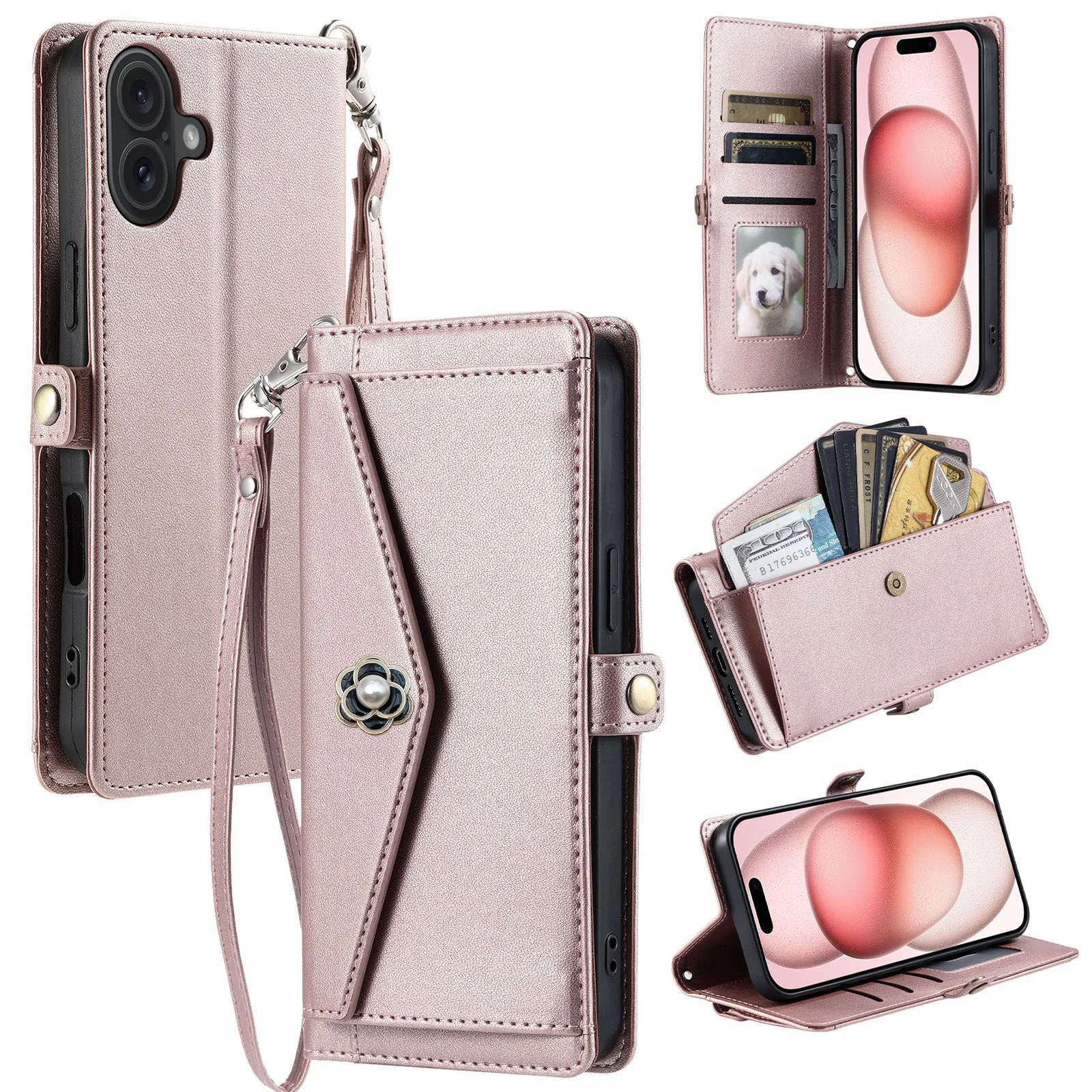Camellia Crossbody Leather Wallet Case with Handy Strap and Card Slots