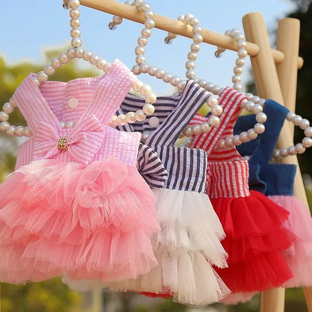Dog Princess Dresses Puppy Bow Knot Dress Pet Tutu Dresses Striped Mesh Puppy Cat Princess Summer Dresses for Small Medium Cat