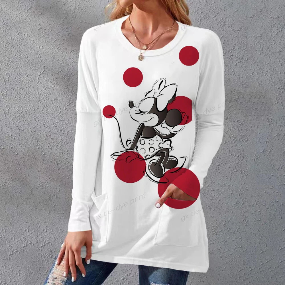 

Disney Minnie Mickey Mouse Print Long T shirts Autumn Women Loose Pocket Femme Tops Cartoon Tshirt Long sleeve Ladies t-shirt