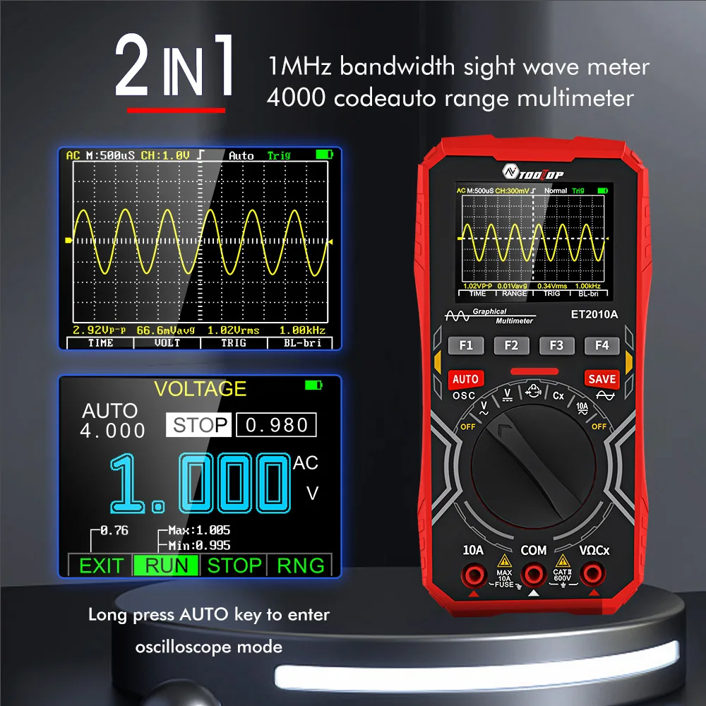TOOLTOP ET2010A 1MHz Handheld Digital Oscilloscope 2.5Msps Automatic True RMS Multimeter AC 10A 600V High Voltage Oscilloscope 3