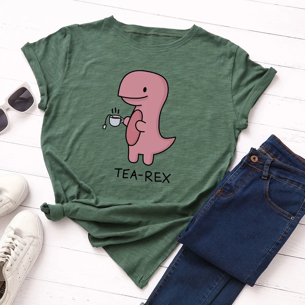 thumbnail image 1 of JFUNCY Camisetas de gran tamaño con estampado de dinosaurio de dibujos animados para mujer, camisetas holgadas informales de manga corta para mujer, camisetas de algodón de verano para mujer, 1 of 5