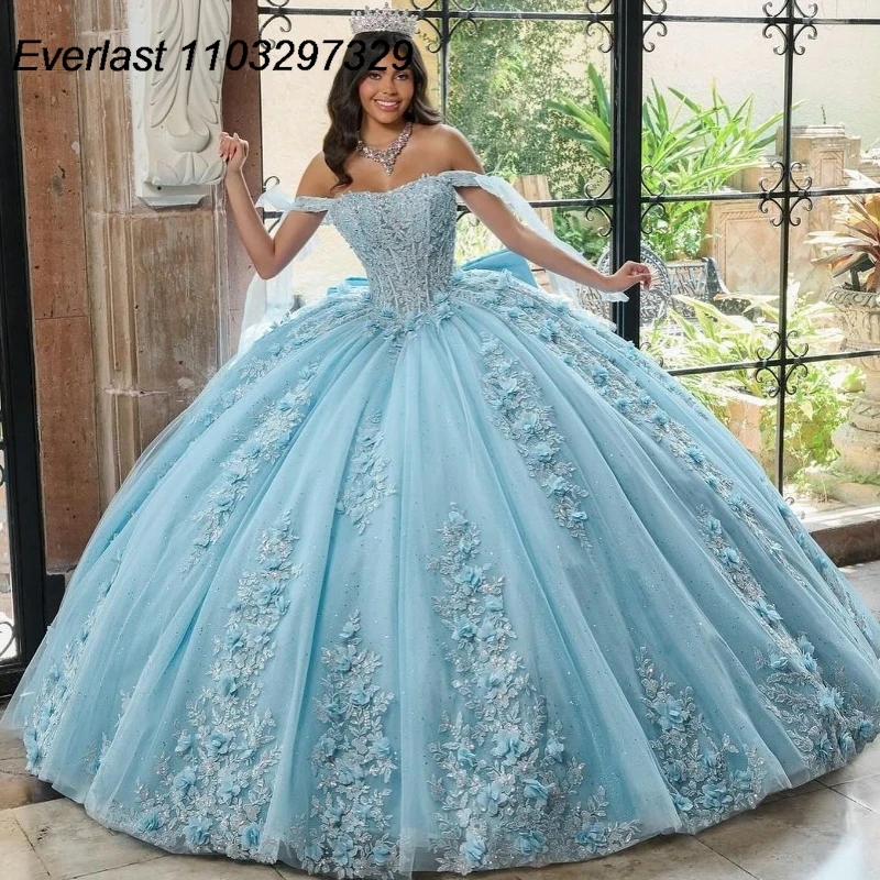 Quinceanera Dresses Ball Gowns Lace Applique Beaded Crystal Bow Corset Sweet 16 Vestidos De 15 Anos