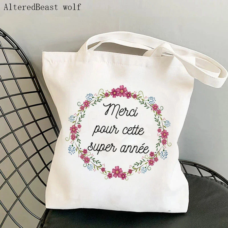 

French thank you Mistress wreath Women Canvas Shopping Shoulder Bag Merci Maîtresse Harajuku Bag gift for teacher Shoulder Bags