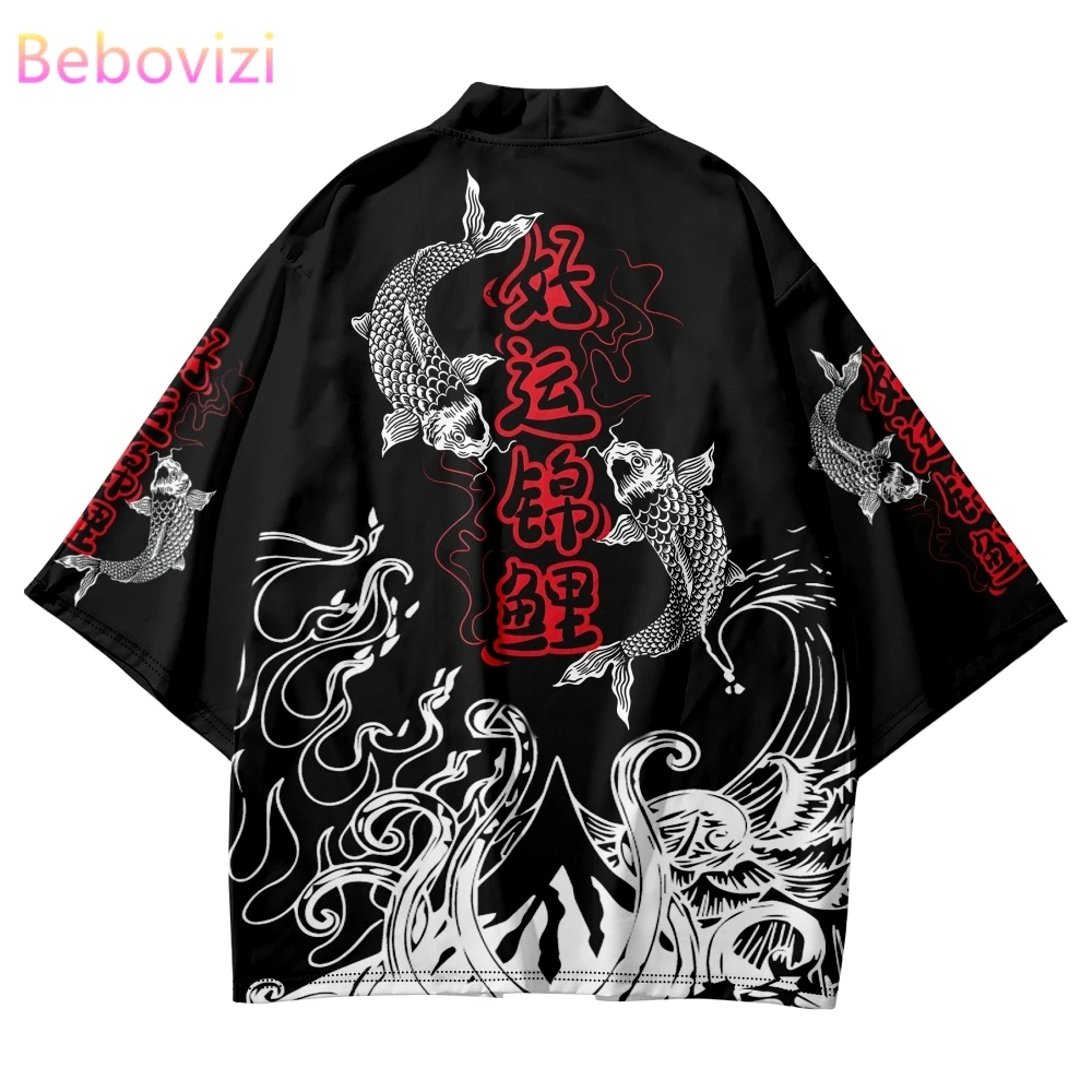 Summer Loose Japanese Fashion Good Luck Koi Print Kimono Streetwear Cardigan Robe Women Men Haori Top Yukata Plus Size 4XL 5XL