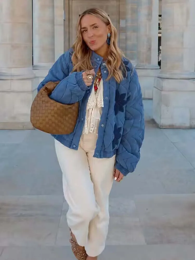 2025 Women Casual Chic Quilting Jacket Embroidery Short Parka Coat Fall Fashion High Street Elegant Female Jackets